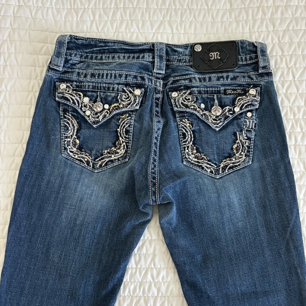 Miss Me Dark Blue Embellished Straight Cut Jeans Mid Rise size 28 x 28
